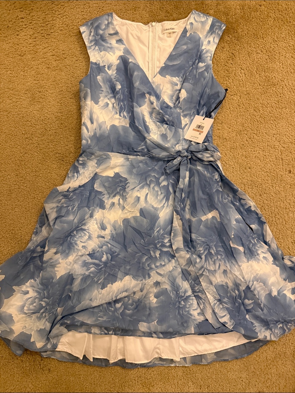 Calvin Klein Light Blue & White Floral Wrap Midi Dress